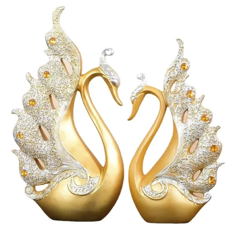 Elegant European Golden Swan Couple Sculpture – Romantic Home Decor for Living Room, TV Cabinet & Entryway