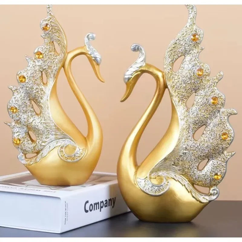 Elegant European Golden Swan Couple Sculpture – Romantic Home Decor for Living Room, TV Cabinet & Entryway