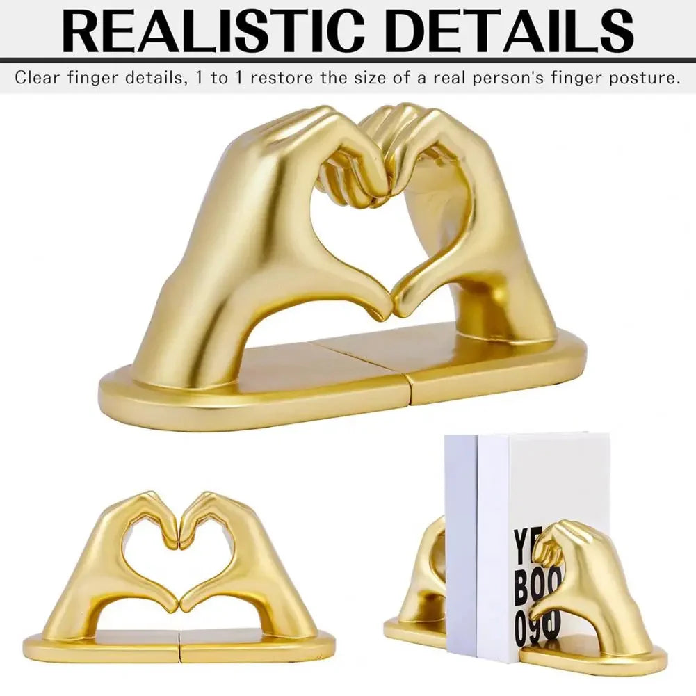 Golden Heart Hands Decorative Bookends – Luxury Resin Sculptures for Shelves & Home Office Decor