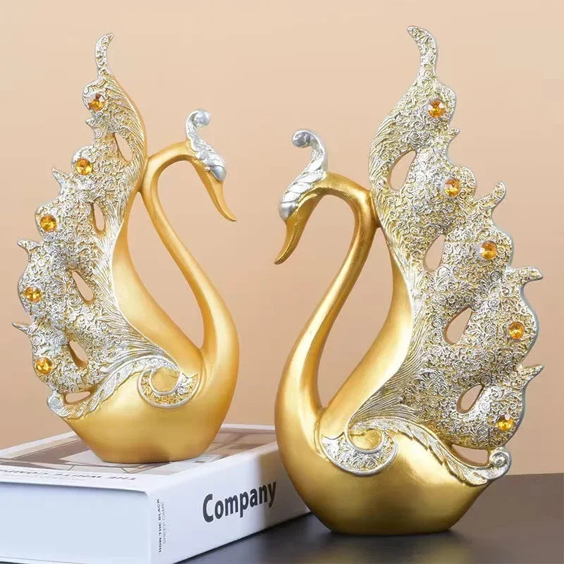 Elegant European Golden Swan Couple Sculpture – Romantic Home Decor for Living Room, TV Cabinet & Entryway