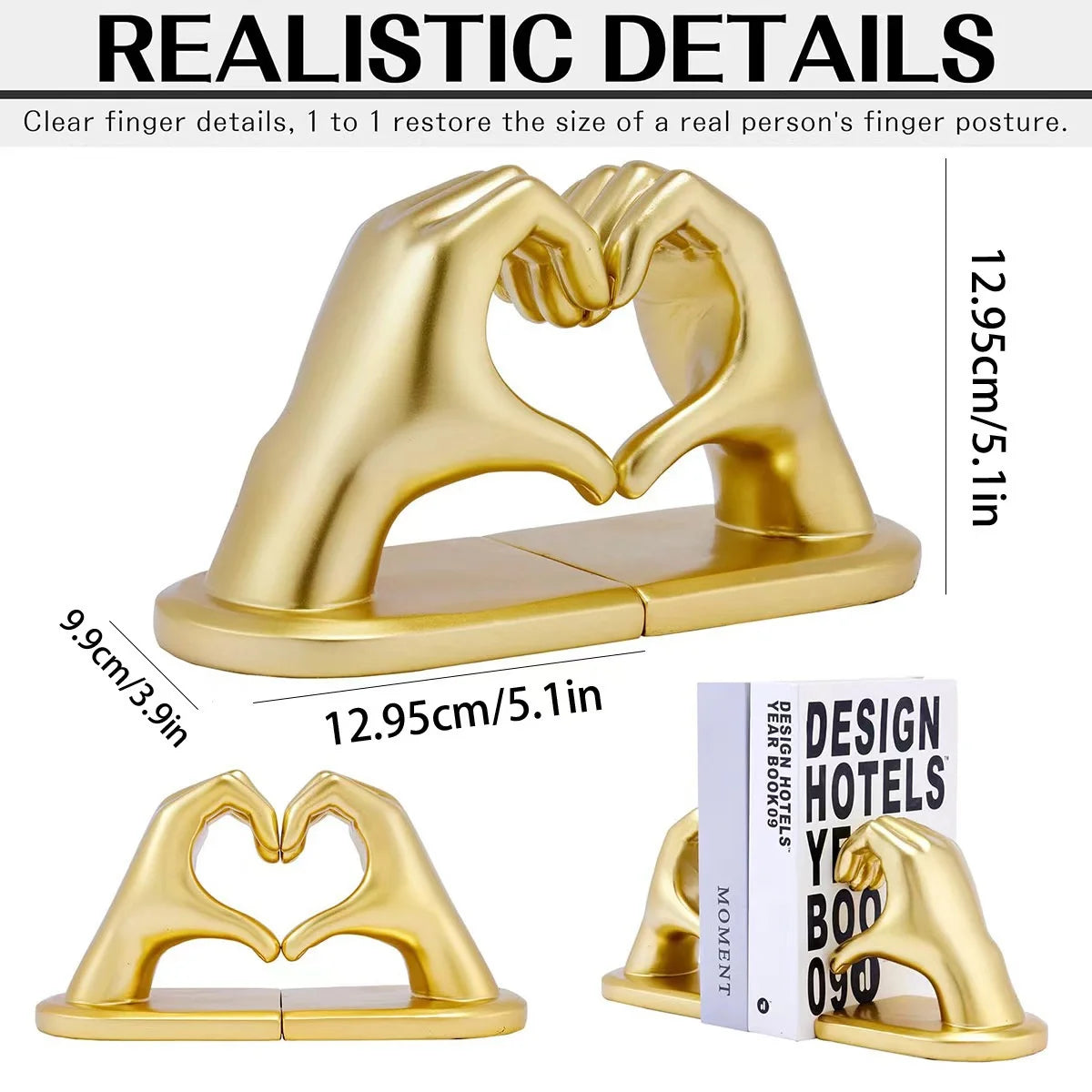 Golden Heart Hands Decorative Bookends – Luxury Resin Sculptures for Shelves & Home Office Decor